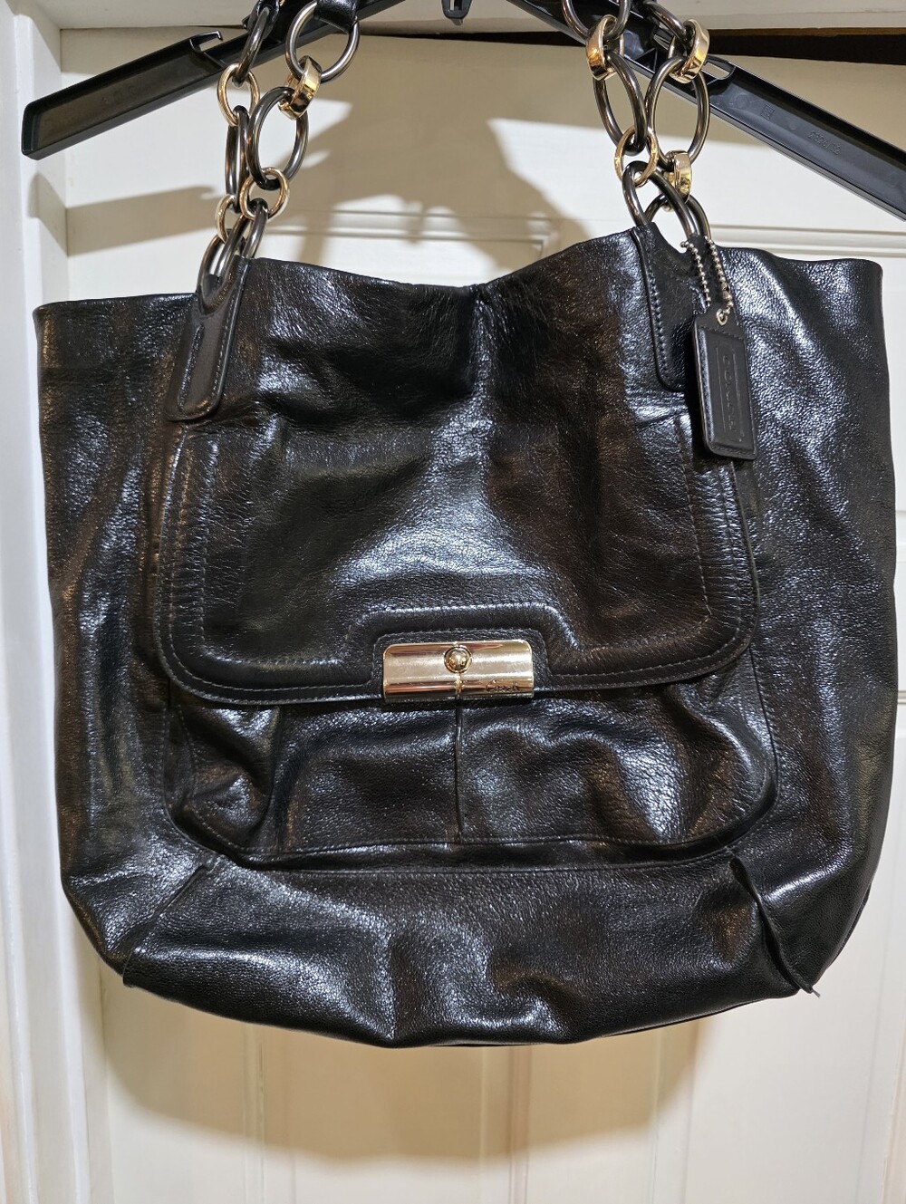 Coach Kristen Elevated Black Leather Tote Bag & hang tag w/ Gold-Tone Hardware